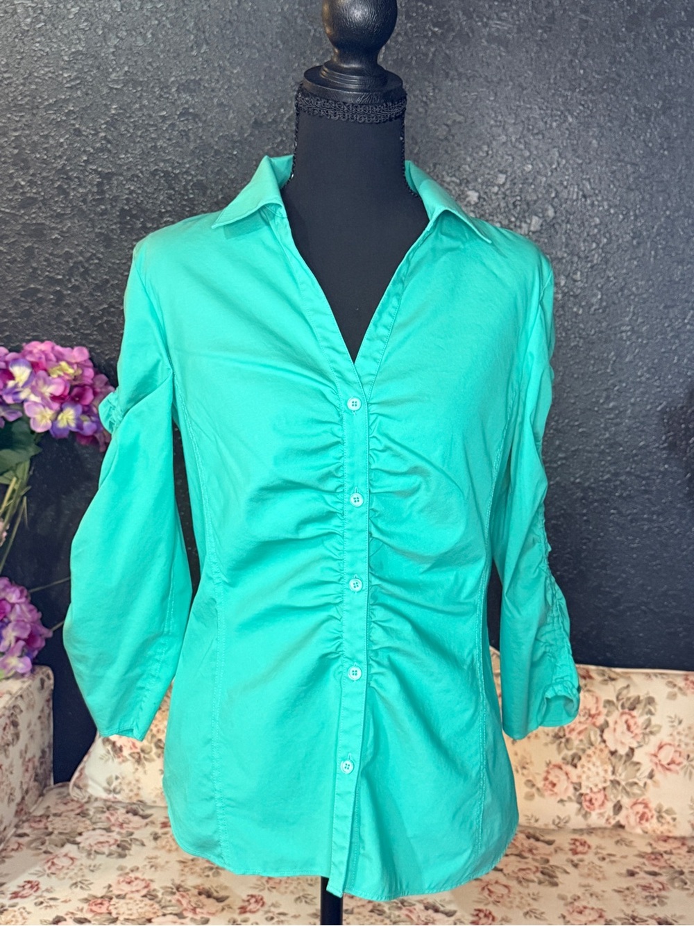 Lafayette 148 New York Ruched Front Button-Down Shirt - Teal - Picture 6 of 8